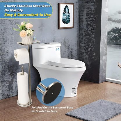 Exilon Toilet Paper Holder Stand for Bathroom Floor Freestanding Toilet Roll Dispenser Storages 4 Reserve Rolls, with Top Storage Shelf for Cell Phone (Brushed Nickel)