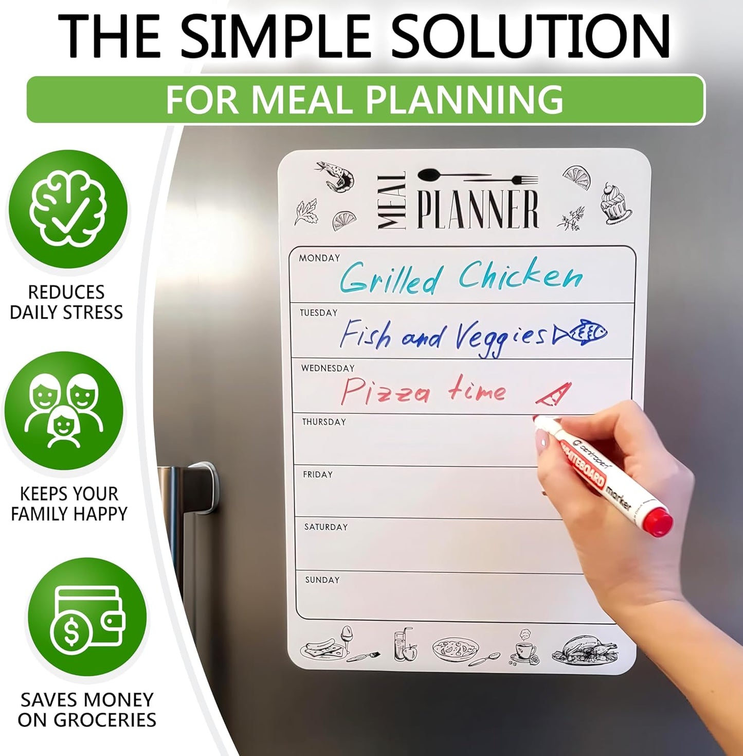 Dry Erase Magnetic Meal Planner for Refrigerator A4 (8.5x12 inch) - Magnet Weekly Menu Board for Fridge - Magnetic Menu White Board - Fridge Meal Planner Magnet - Dinner Meal Planner Dry Erase Board