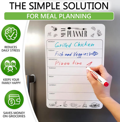 Dry Erase Magnetic Meal Planner for Refrigerator A4 (8.5x12 inch) - Magnet Weekly Menu Board for Fridge - Magnetic Menu White Board - Fridge Meal Planner Magnet - Dinner Meal Planner Dry Erase Board