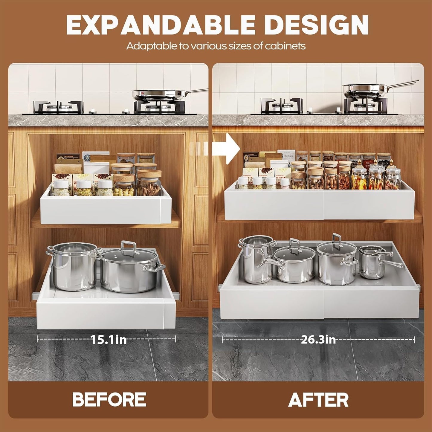Seinloes 2 Pack Pull Out Cabinet Organizer for Wide Cabinets,Expandable 15.1"-26.3" Width,21" Deep Slide Out Drawers With Raising Pad for Framed Cabinets,3 Slide Rails,No Drill Roll Out Shelves,White