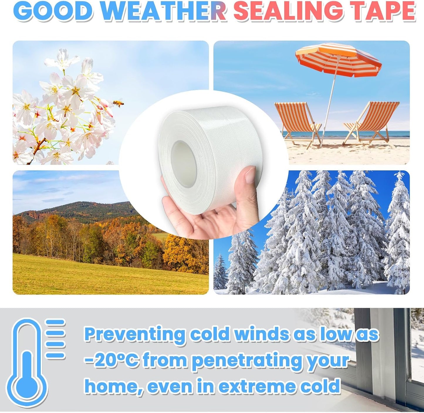 White Window Weather Sealing Tape, AC Air Conditioner Sealing Tape | Window Draft Isolation, No Residue, Self Adhesive for Keep Out Cold Air Dust Rain, Waterproof