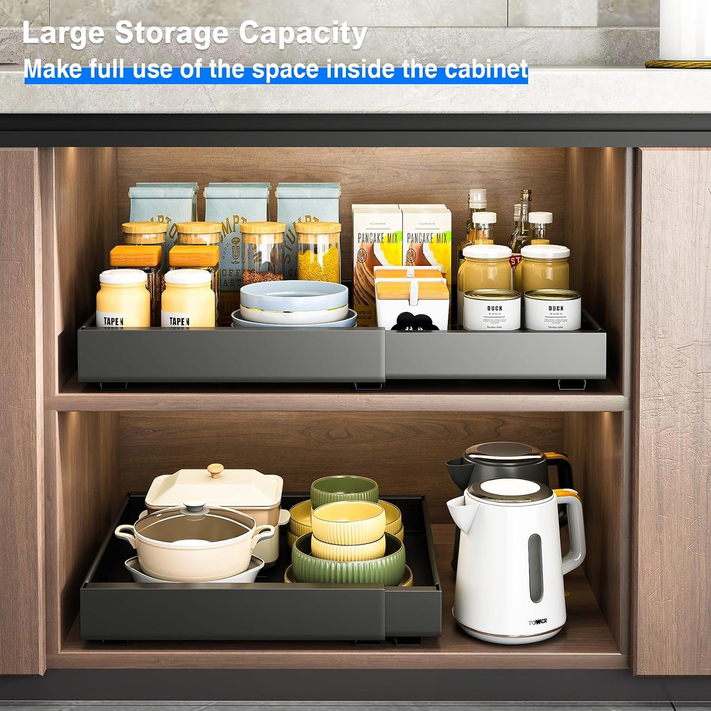 Mustorn 2 Pack Pull Out Cabinet Organizer, Slide Out Drawers for Cabinets, Peel and Stick, Heavy Duty Shelves for Kitchen, Cupboard, Pantry, Bathroom (16.5"D*11.8"W*3.94"H-Black)