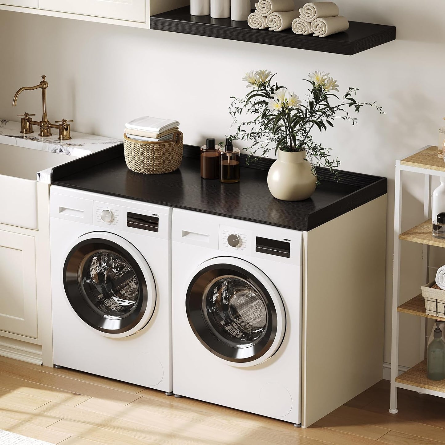 ChooChoo Washer Dryer Countertop, Adjustable Shelf, 2-Tier | Laundry Room Topper, Spacious Storage, For Folding Clothes & Efficient Organization, Walnut