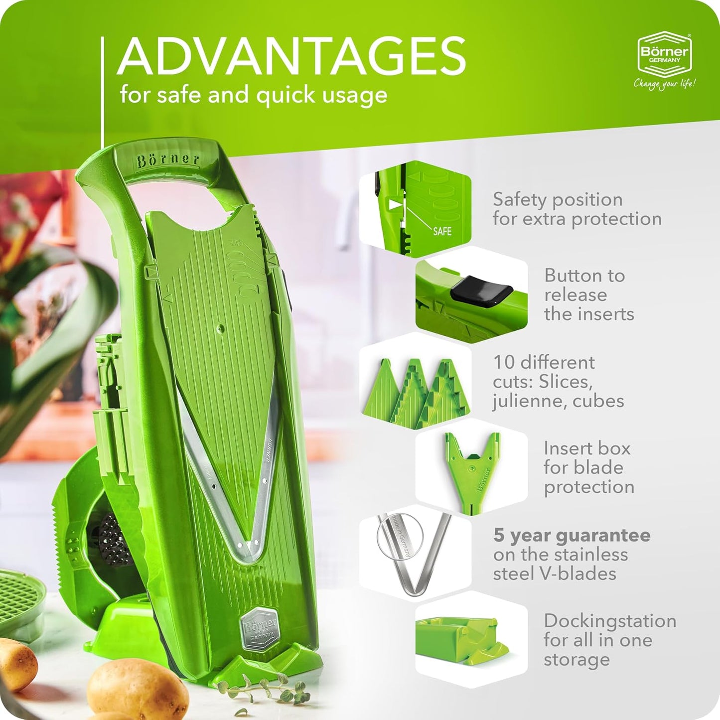 Mandoline Food Slicer Börner V5 (Profi Set) by Reston Lloyd • V-Slicer with 4 Inserts, Docking Station & Food Holder • Made in Germany • Fruit & Vegetable Chopper • Multiple Settings • Color: Lime