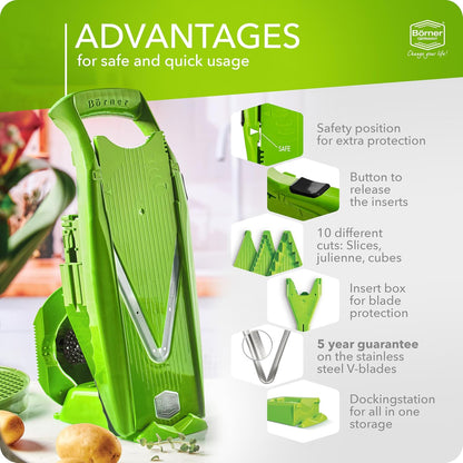 Mandoline Food Slicer Börner V5 (Profi Set) by Reston Lloyd • V-Slicer with 4 Inserts, Docking Station & Food Holder • Made in Germany • Fruit & Vegetable Chopper • Multiple Settings • Color: Lime
