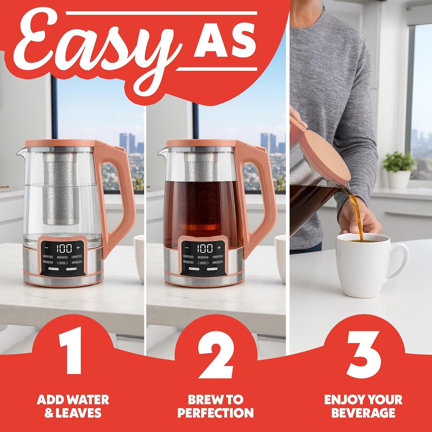 Gourmia Electric Glass Kettle – 1.7L Programmable Tea & Coffee Brewer with Digital Touch Display, 6 Presets, Removable Stainless Steel Infuser, Cordless with 360° Swivel Base, Black