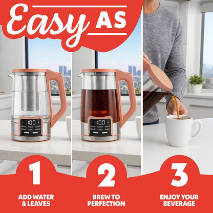 Gourmia Electric Glass Kettle – 1.7L Programmable Tea & Coffee Brewer with Digital Touch Display, 6 Presets, Removable Stainless Steel Infuser, Cordless with 360° Swivel Base, Black