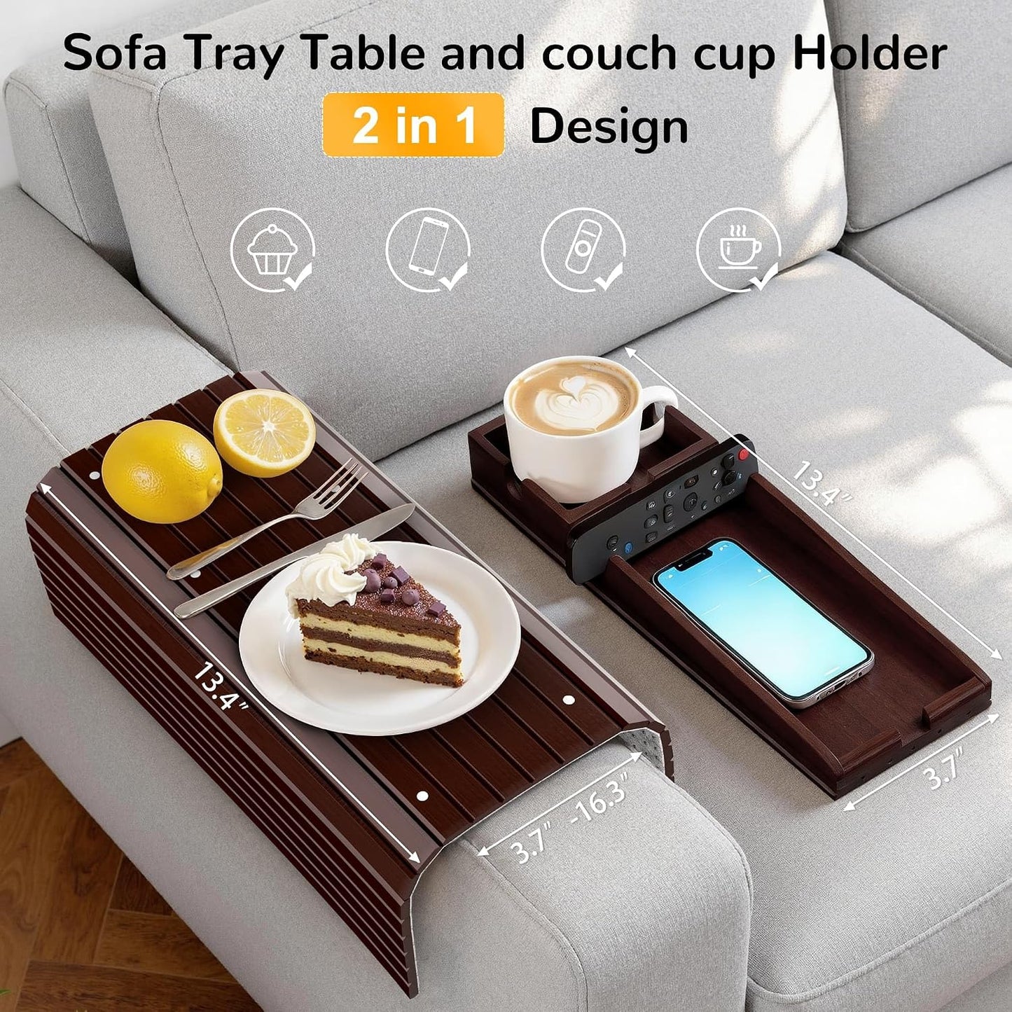 Korser Couch Armrest Table, Sofa Arm Tray with Removable Cup Holder, 2 in 1 Anti-Slip Armrest Tray Table for Couch, Bamboo Foldable Couch Cup Holder for Drinks Snacks Phone Remote Control