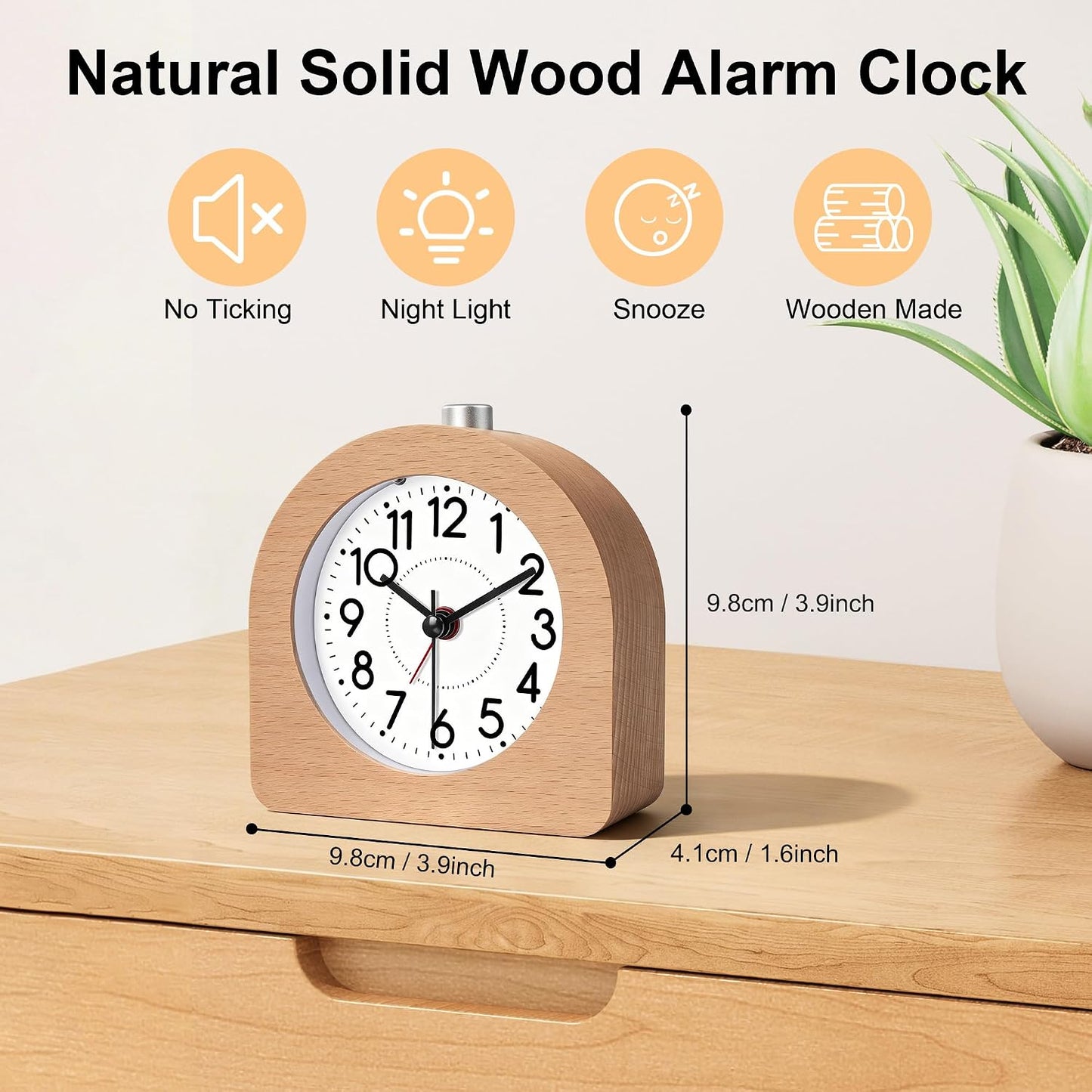 Lafocuse Silent Bedside Alarm Clock, Wood Frame Analog Alarm Clock with Snooze, Nightlight Function, Desk Table Clocks for Bedroom Home Kitchen