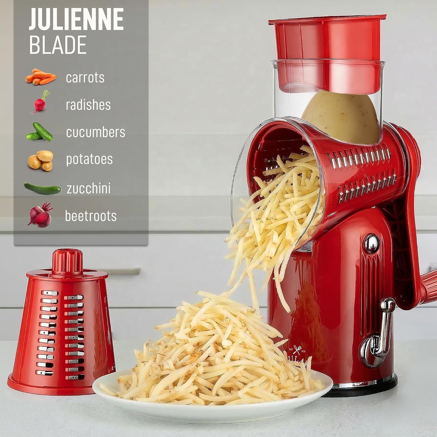 Zulay Kitchen Rotary Cheese Grater 5 Blade Cheese Shredder - Manual Hand Crank Cheese Grater With Reinforced Suction & 5 Interchangeable Drums - Easy to Use, Vegetable Chopper Round Mandoline Slicer - Colors B