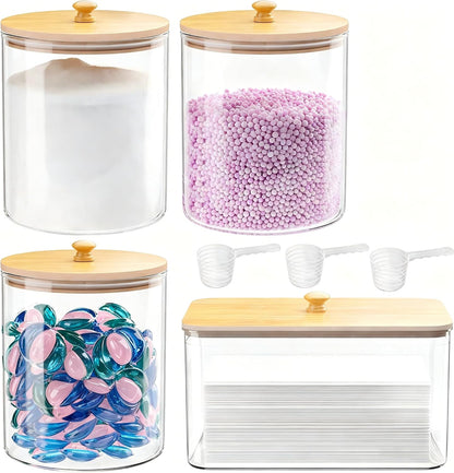HomePekite Laundry Pods Storage Container, Clear Laundry Room Organization and Storage ,Detergent Powder Container,with Wooden Lids & Labels, 3+1 Pack
