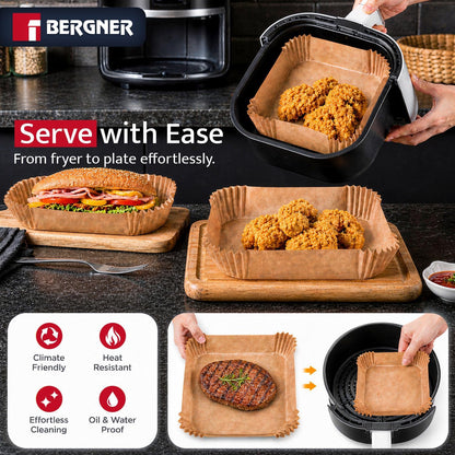 Bergner 125-Count Square Air Fryer Liners 8 Inch - Non-Stick Disposable Parchment Paper, Oil & Grease Resistant Heat Safe Baking Sheets for Air Fryer, Oven & Steamer