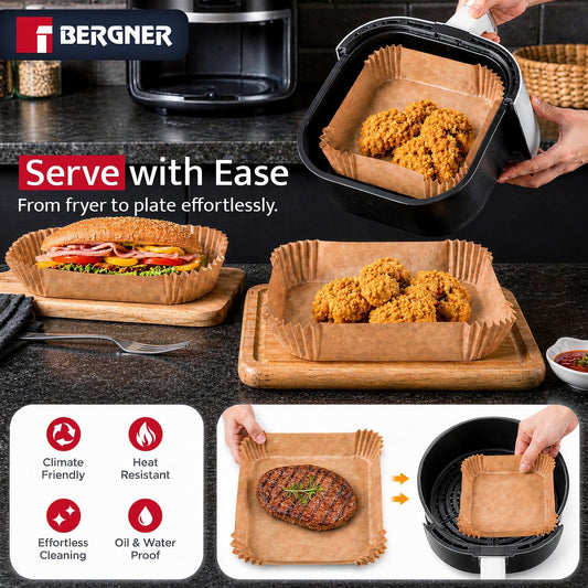 Bergner 125-Count Square Air Fryer Liners 8 Inch - Non-Stick Disposable Parchment Paper, Oil & Grease Resistant Heat Safe Baking Sheets for Air Fryer, Oven & Steamer