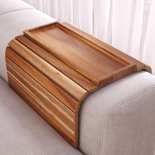 2 Pack Acacia Wood Folding Sofa Arm Tray with Anti-Slip Pad | Couch Armrest Tray,Foldable,for Drinks,Snacks,Phone,Remote Control,Space Saving Storage, No Assembly,Gift box