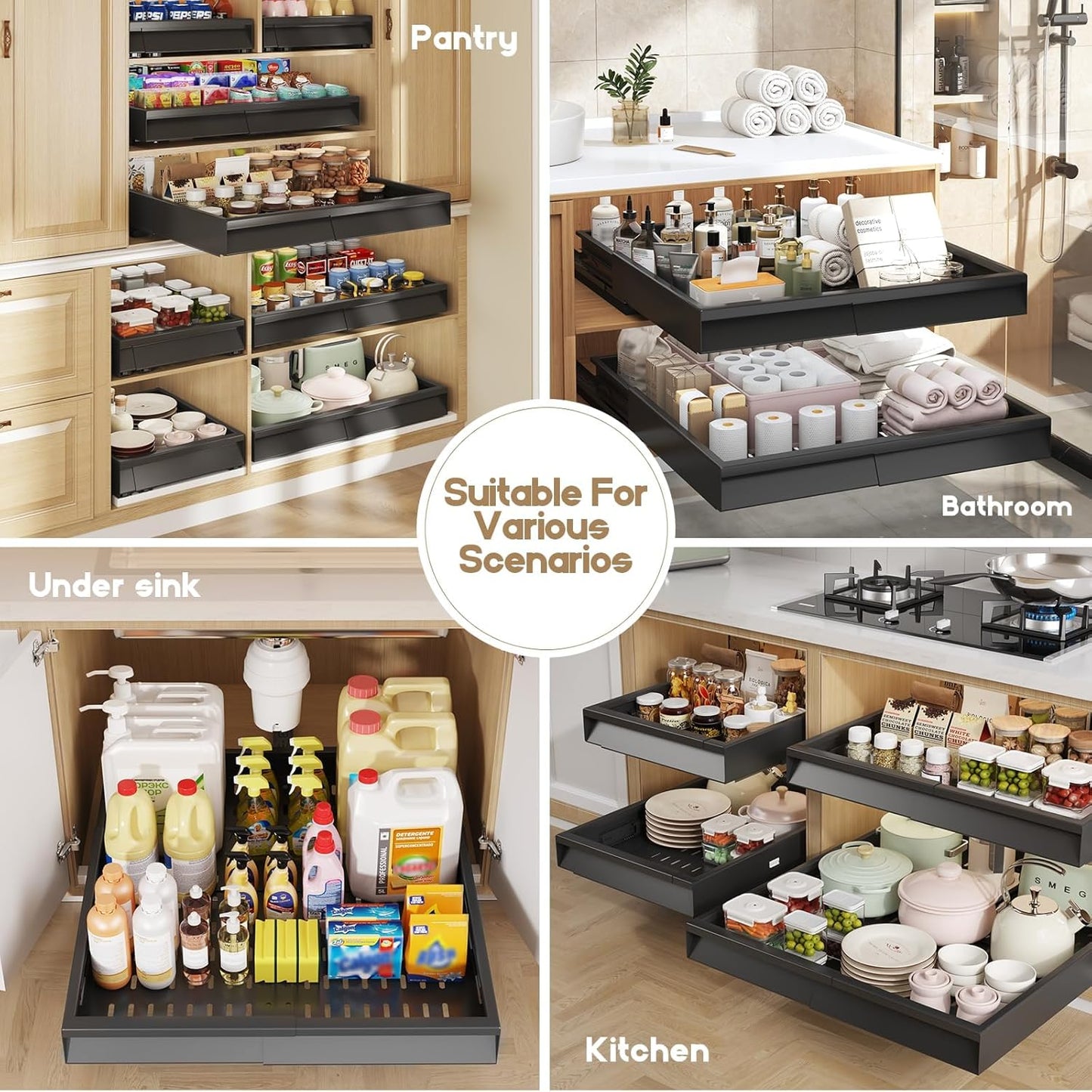 Seinloes Pull Out Cabinet Organizer, 4-Side Expandable to Fit Most Cabinets, 3 Rail Slide Out Drawers with Raising Pad for Framed & Frameless Cabinets, 13"-21" W x 17"-24" D, White, 2 Pack