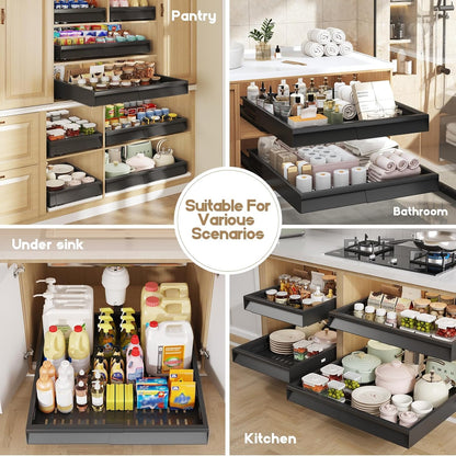 Seinloes Pull Out Cabinet Organizer, 4-Side Expandable to Fit Most Cabinets, 3 Rail Slide Out Drawers with Raising Pad for Framed & Frameless Cabinets, 13"-21" W x 17"-24" D, White, 2 Pack