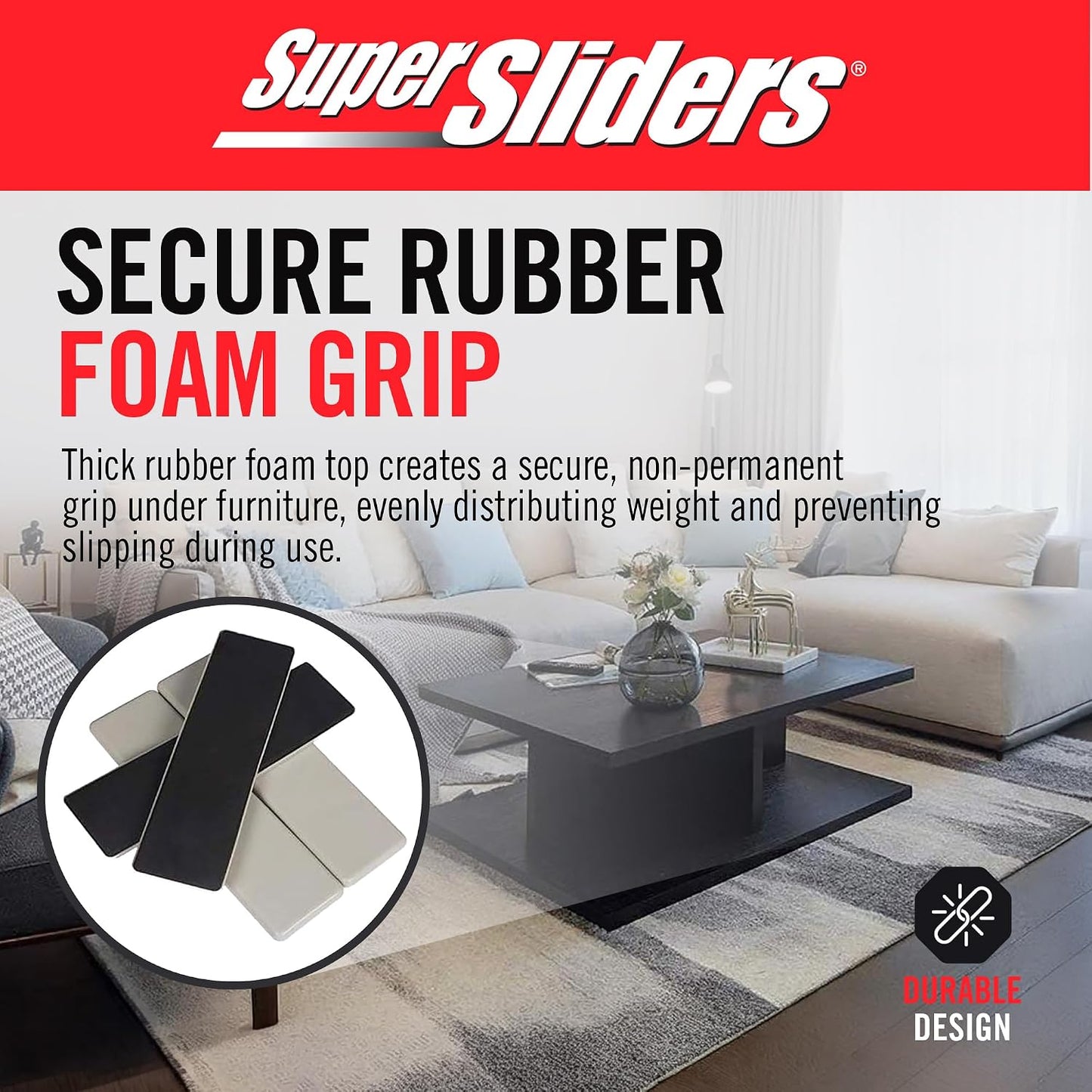 Super Sliders 2-1/2" x 9" XL Rectangle Reusable Furniture Sliders for Carpet, Anti-Slip Protective Furniture Moving Pads for Beds, Sofas, Dressers, Set of 4, Beige
