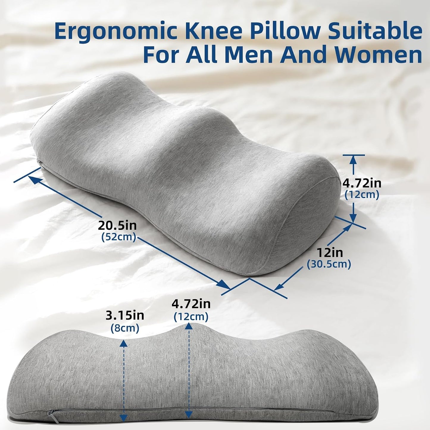 Ergonomic Knee Pillow for Back Sleeping - Memory Foam Bolster Pillow for Sleep Improvement, Knee Support, Leg Elevation, Back Pain Relief, with Softer Non-Irritating Washable Cover, Grey