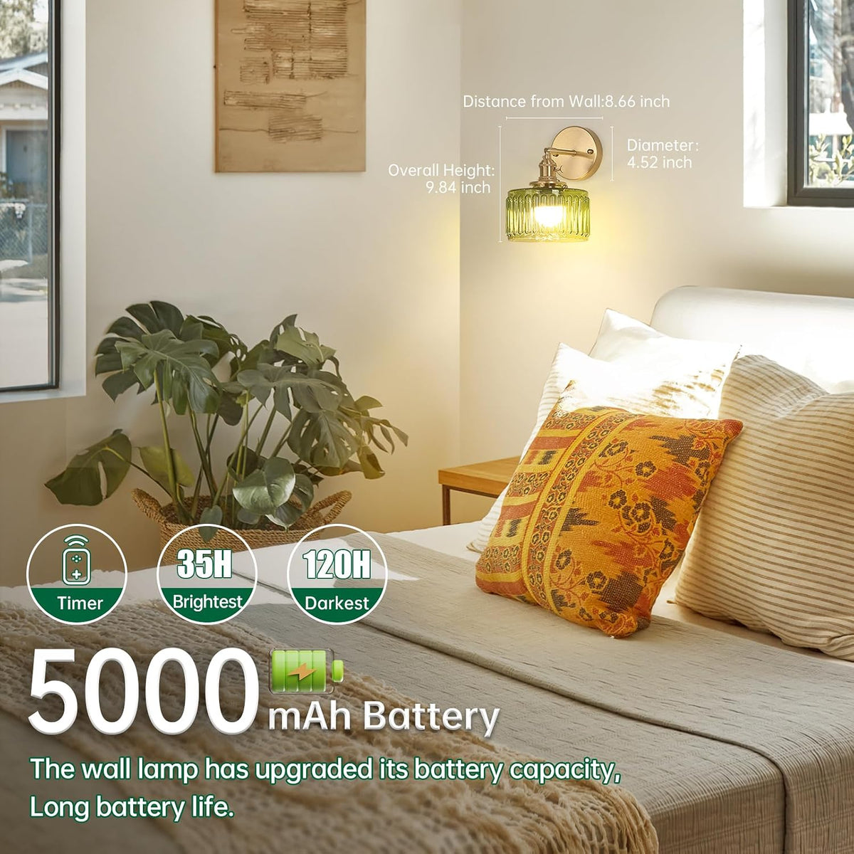 Shenmoyl Battery Operated Wall Sconce with Green Striped Shade Pattern Glass Adjustable Chain Retro Gold Wall Mounted Light, Modern Wall Lamp Fixtures Decor for Bedside Bedroom Indoor Doorway