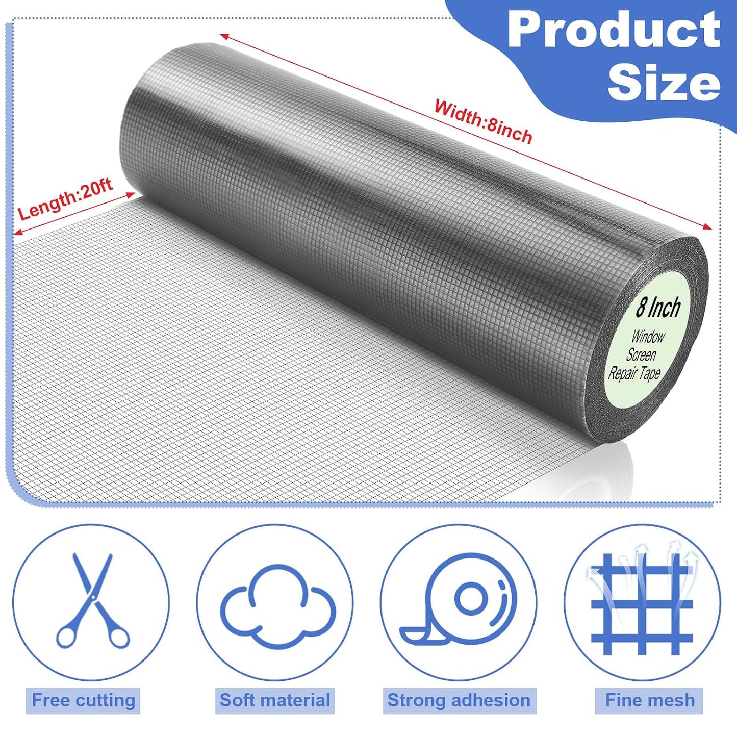 CroBlissful 5 Inch X 20 ft Extra Wide Window Screen Tape Mesh Repair, Gray | Strong Adhesive, Waterproof Fiberglass, Screen Repair Kit Patch, for Window Door Tears Holes
