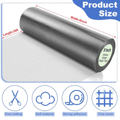 CroBlissful 5 Inch X 20 ft Extra Wide Window Screen Tape Mesh Repair, Gray | Strong Adhesive, Waterproof Fiberglass, Screen Repair Kit Patch, for Window Door Tears Holes