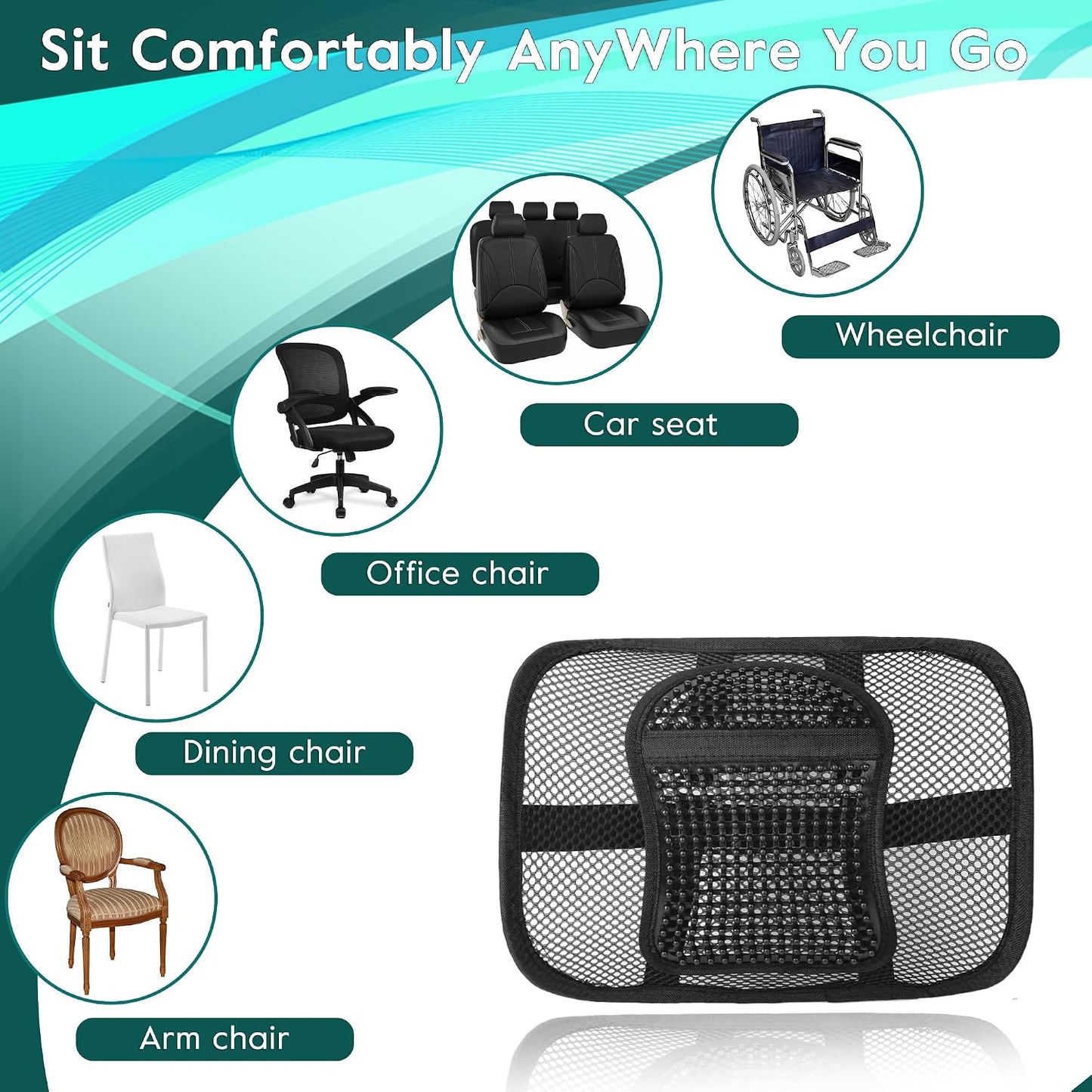 Samyoung Mesh Lumbar Support for Office Chair and Car Seat | 12 x 16 Inch Breathable Double-Layer Mesh Back Support with Elastic Chair Strap & Support Beads for Firm, Comfortable Support
