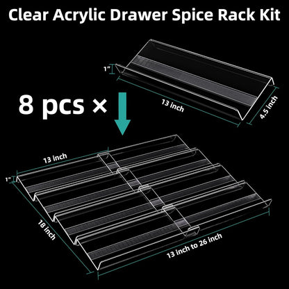 MIUKAA Acrylic Spice Drawer Organizer, 4 Tier - 8 Pack Seasoning Organizer for Drawer, Expandable From 13" to 26" Kitchen Drawer Spice Rack with Slip-Proof Mat (Jars not Included)