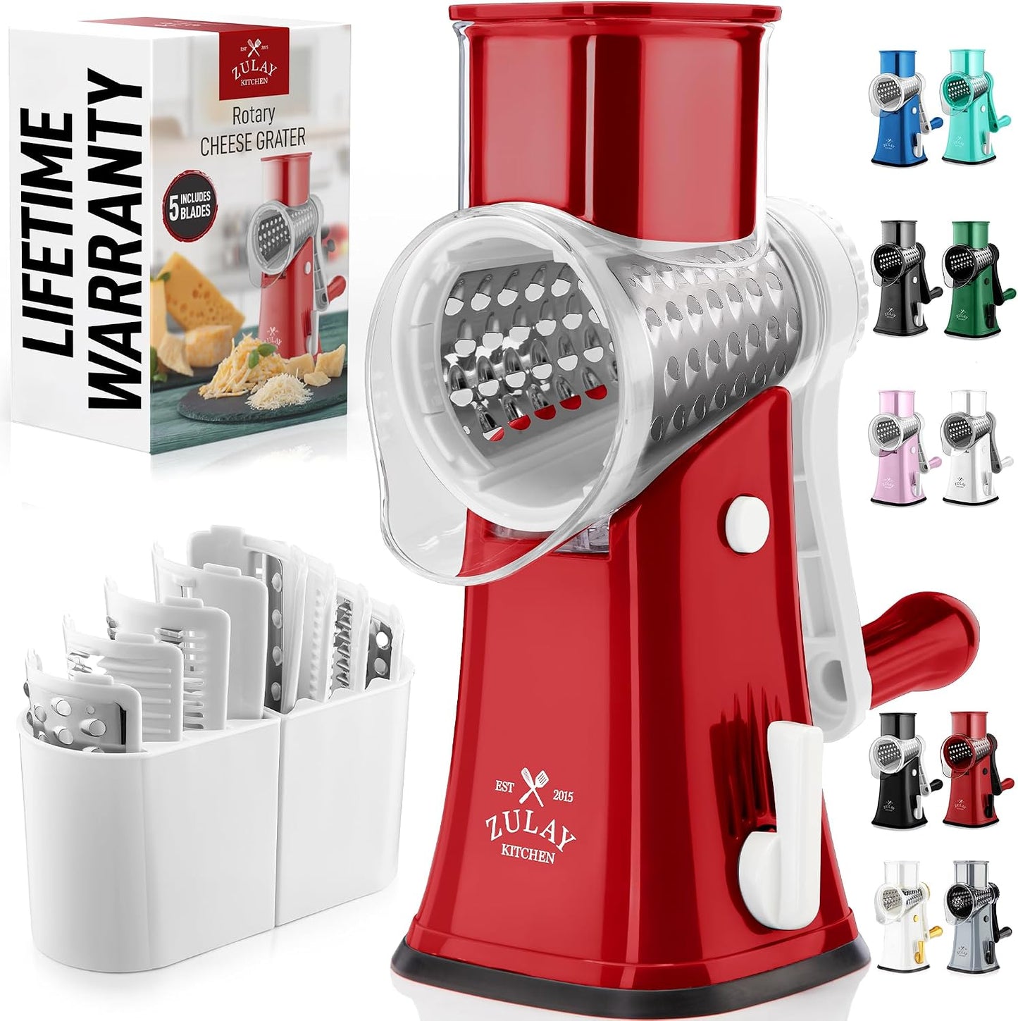 Zulay Kitchen Rotary Cheese Grater 5 Blade Cheese Shredder - Manual Hand Crank Cheese Grater With Reinforced Suction & 5 Interchangeable Drums - Easy to Use, Vegetable Chopper Round Mandoline Slicer - Colors A