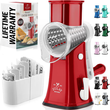 Zulay Kitchen Rotary Cheese Grater 5 Blade Cheese Shredder - Manual Hand Crank Cheese Grater With Reinforced Suction & 5 Interchangeable Drums - Easy to Use, Vegetable Chopper Round Mandoline Slicer - Colors A