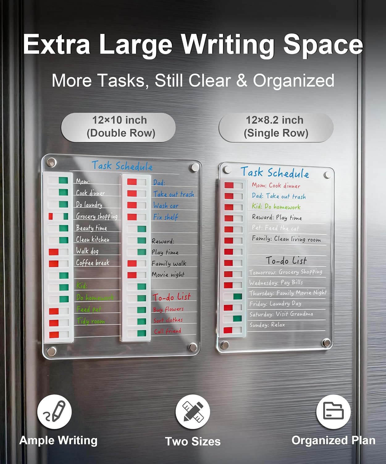 Magnetic Acrylic Dry Erase Board for Fridge, to Do List White Board with Sliding Buttons, 12"X10" Clear Chore Chart for Adults, Reusable Refrigerator Whiteboard Includes 5 Markers