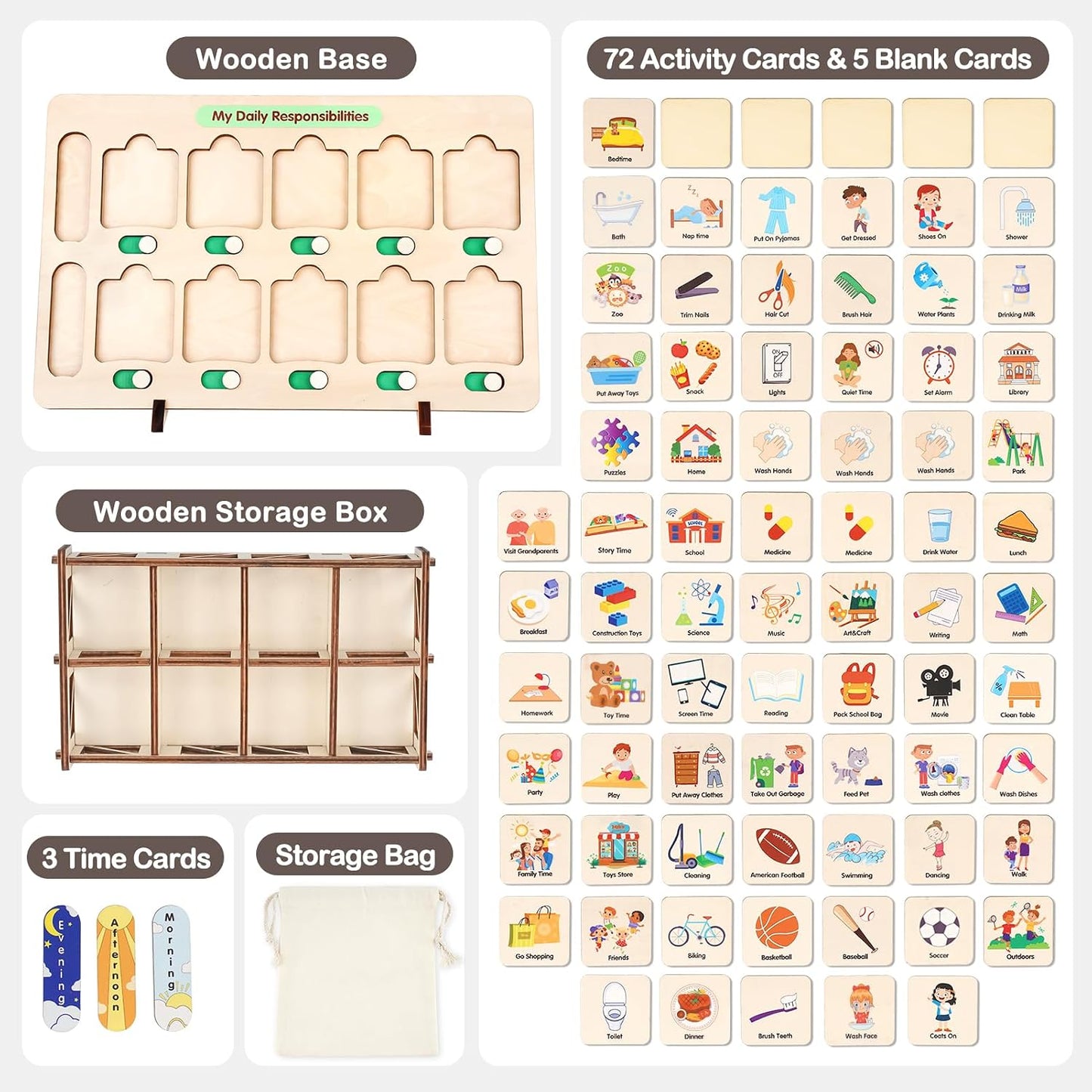Dreamon Wooden Visual Schedule for Kids Morning and Bedtime Routine Chart | Toddler Chore Chart, Daily Schedule Board for Home/School, 80 Cards, Storage Box & Bag, Done Slider, Autism Learning Material