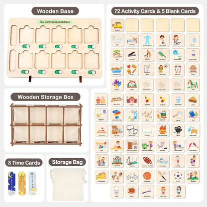Dreamon Wooden Visual Schedule for Kids Morning and Bedtime Routine Chart | Toddler Chore Chart, Daily Schedule Board for Home/School, 80 Cards, Storage Box & Bag, Done Slider, Autism Learning Material
