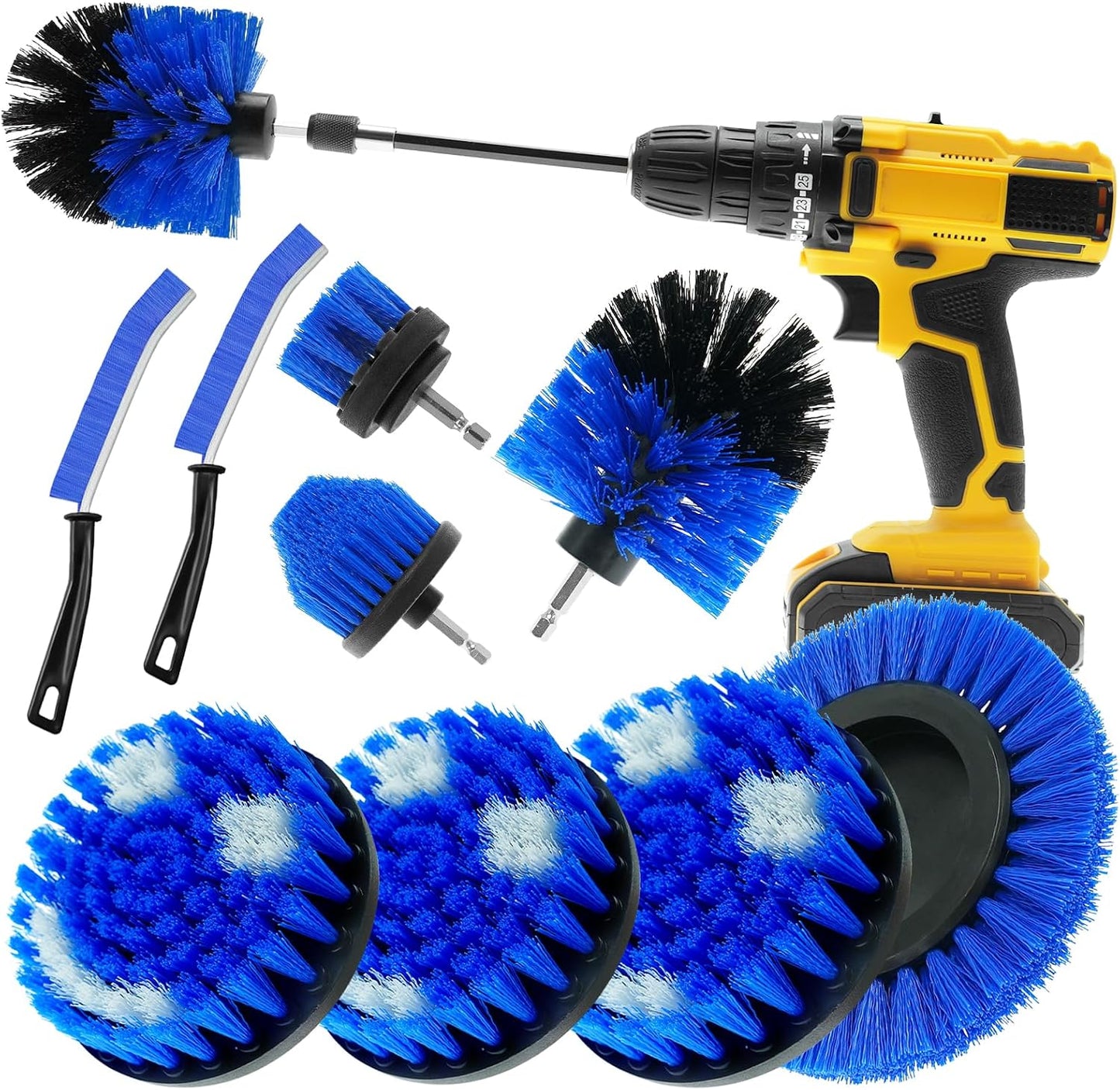 10 Pcs Drill Brush Attachment Set, Drill Scrubber Brush Kit, Drill Cleaning Brush, Scrub Brush for Grout Floor Tub Shower Bathtub Tile Sink Toilet Bathroom Kitchen Car Yellow