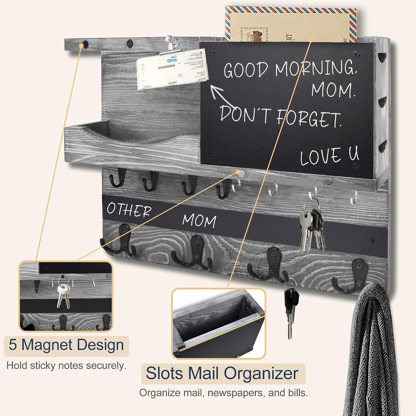 Key Holder for Wall Mount with Shelf and Mail Organizer, Key and Mail Holder with 16 Hooks, Farmhouse Entryway Organizer, Home Decor Rack (Pine Wood, White Washed)