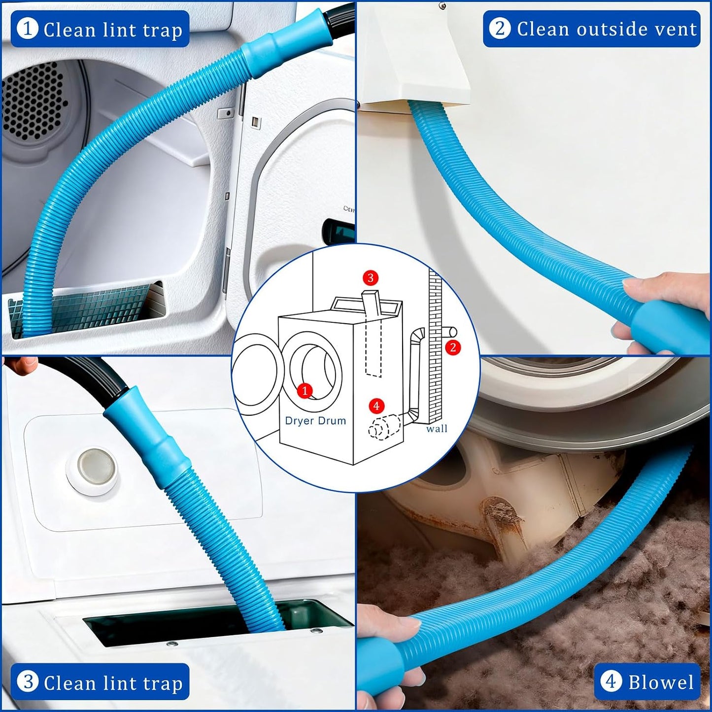 Dryer Vent Cleaner Kit with Dryer Vacuum Hose Attachment, 4-in-1 Multi-Lint Remover Brush, Suitable for Most Vacuum Cleaners for Efficient, Safe, and Thorough Dryer Lint Cleaner Tools (Blue)