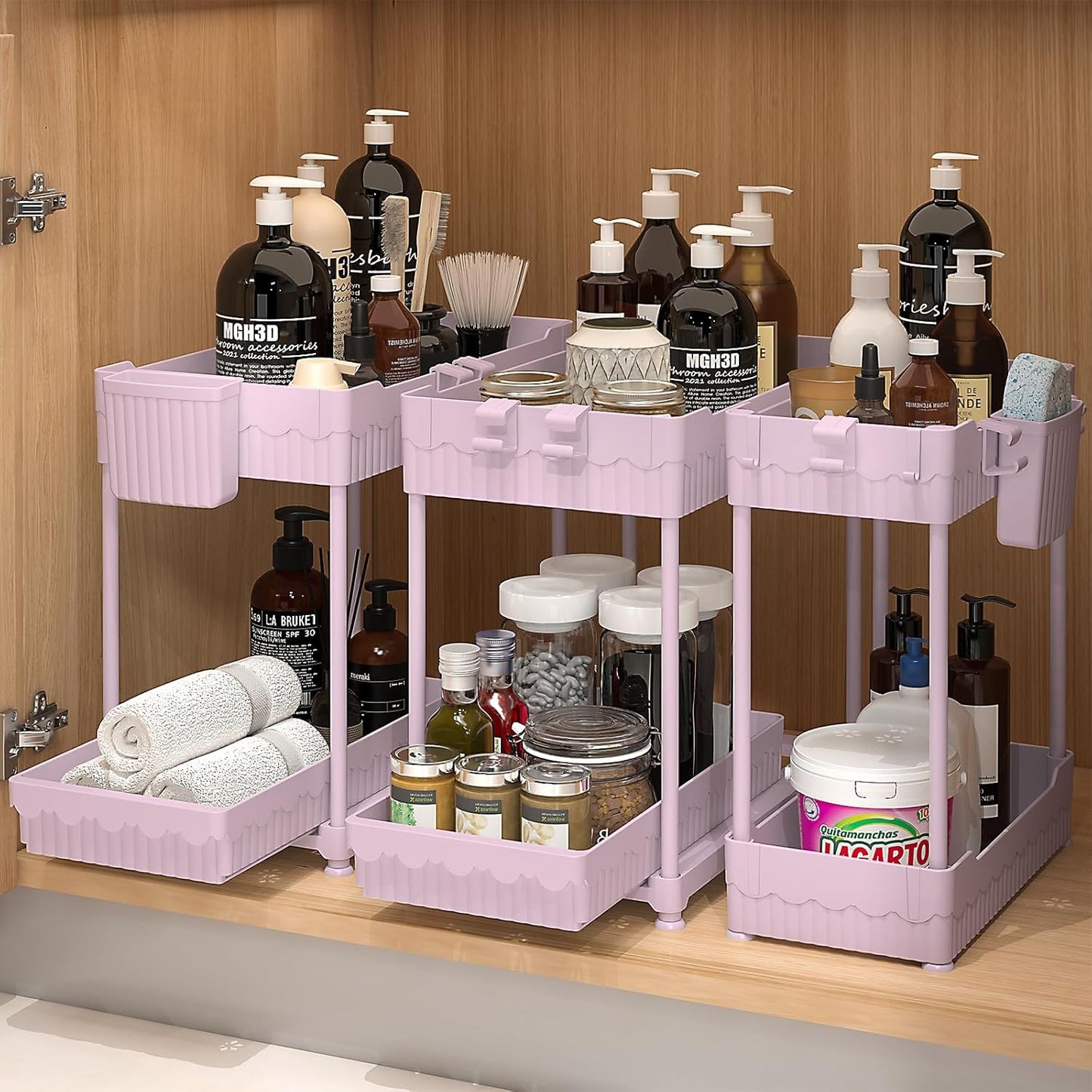 3-Pack 2-Tier Under Sink Organizers with Sliding Drawers | Multi-use kitchen & bathroom storage, 12.8 inch black cabinet organizer, space-saving sliding drawer design.