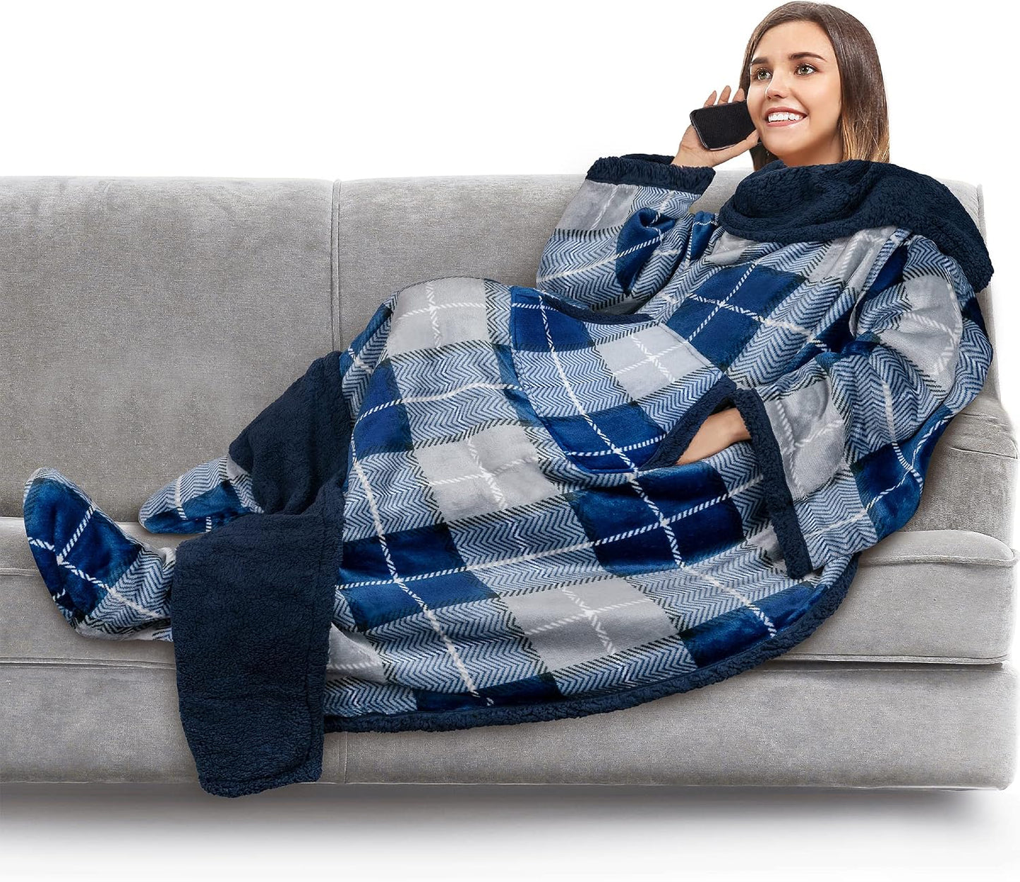 PAVILIA Fleece Blanket with Sleeves, Foot Pockets for Women Men Adults, Plush Wearable Blanket Throw Wrap, Warm Snuggle Blanket Robe, Cozy Gift Ideas Wife Mom, Dark Purple