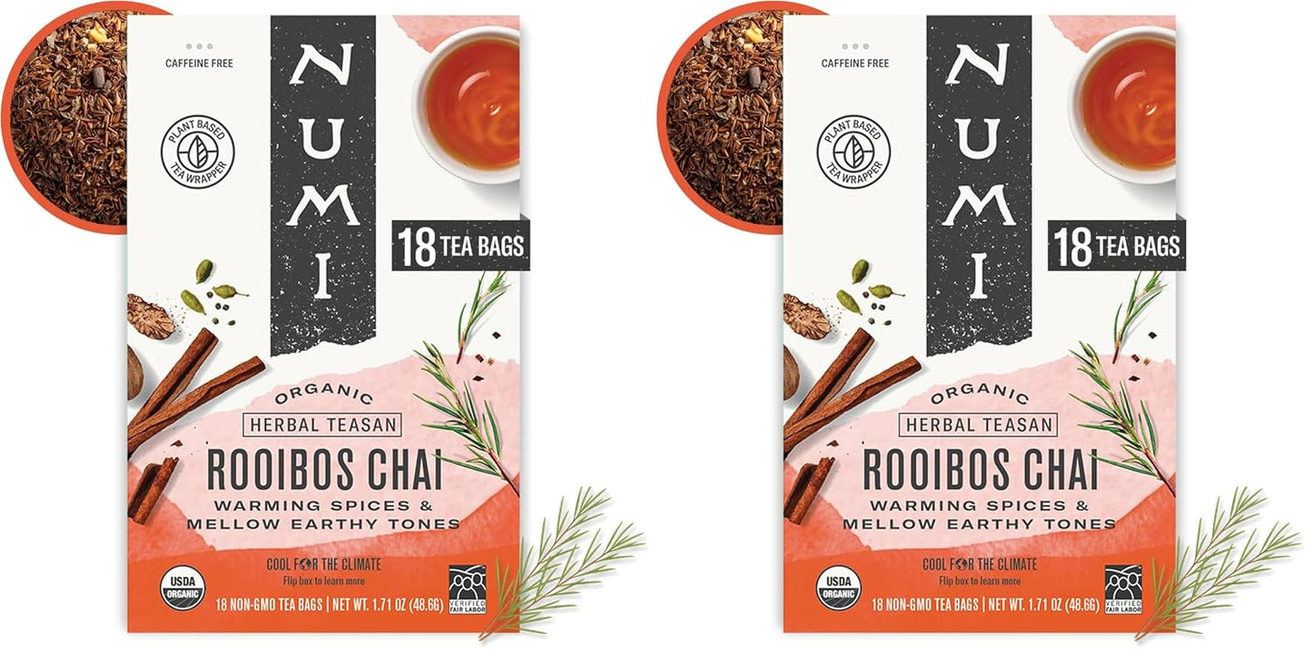 Numi Organic Rooibos Chai Tea, 18 Herbal Bags, Microplastic Free, Rich Flavor with Cinnamon, Allspice & Ginger, Caffeine Free