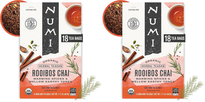Numi Organic Rooibos Chai Tea, 18 Herbal Bags, Microplastic Free, Rich Flavor with Cinnamon, Allspice & Ginger, Caffeine Free