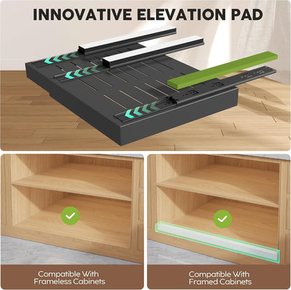 Seinloes 2 Pack Pull Out Cabinet Organizers 21"Deep with Raising Pad for Framed Cabinets,Expandable Slide Out Drawers Upgrade 3 Slide Rails,Roll Out Shelves Adhesive,Adjustable Width 12"-20.45" White
