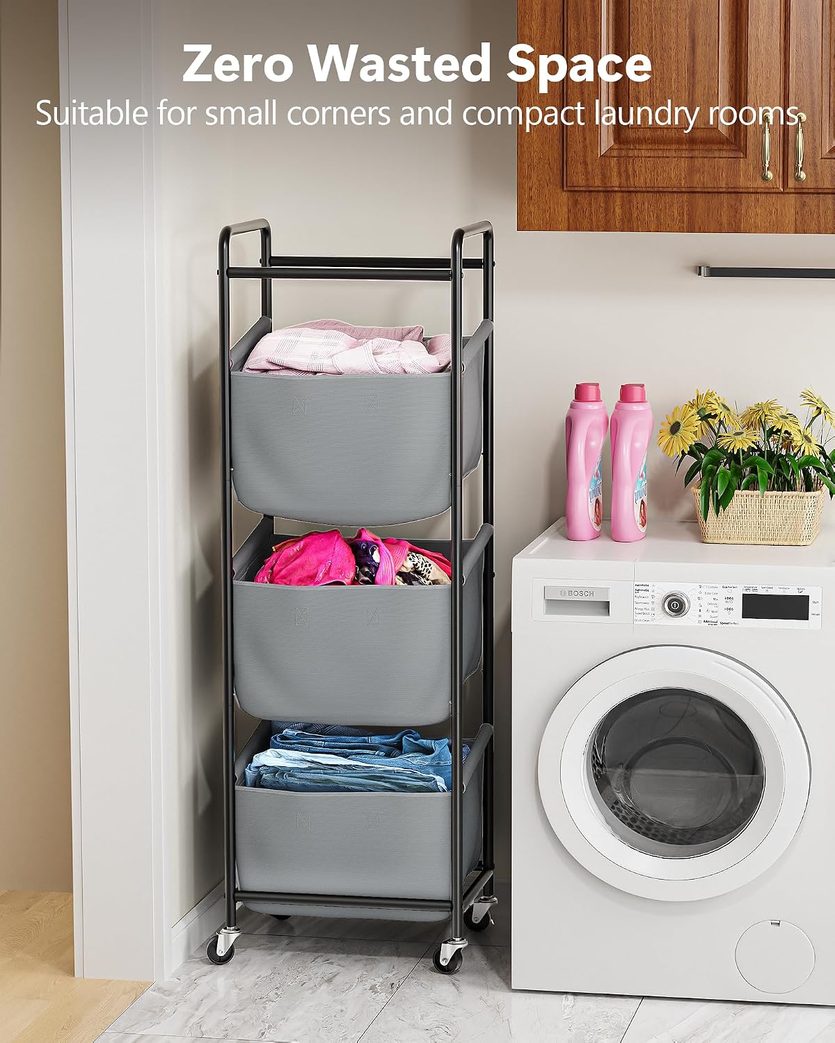 3 Section Laundry Sorter with Removable Bags, 120L Rolling Vertical Laundry Hamper, Stackable Laundry Baskets organizer for Bathroom, Apartment, Dorm (Beige, With Wheel)