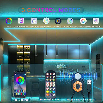 LED Strip Light Motion Sensor Under Bed Lights 9.84FT RGB,Remote/APP Control,Dimmable,Music Sync,Auto-Off Timer,Motion Activated Led TV Night Light for Bed Stair Cabinet Party Computer Desk