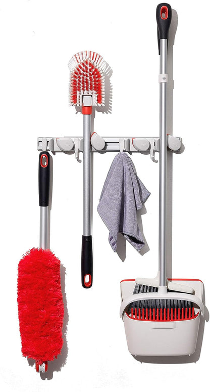OXO Good Grips Wall-Mounted Mop and Broom Organizer | Customizable Organization, Holds Up to 5 Tools, Ideal for Garage, Mudroom, or Utility Storage