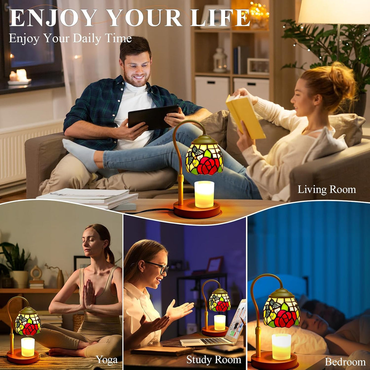 Candle Warmer Lamp - Electric Candle Lamps Timer Dimmer, Sunflower Tiffany Style Stained Glass Candle Warming Lamp Compatible with Jar Candles Valentine Birthday Gifts for Mom Friend Wax Melt Warmer