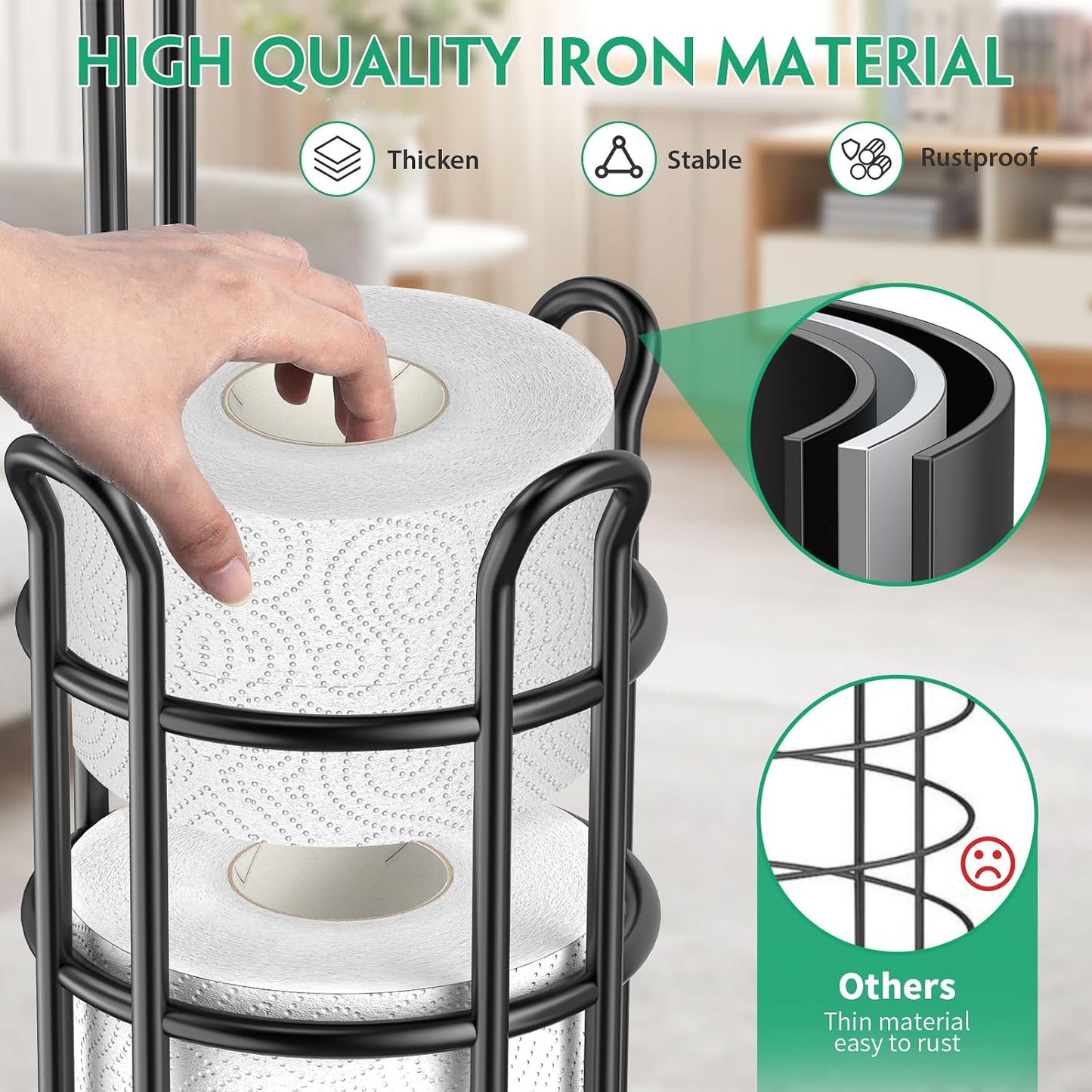 TomCare Toilet Paper Holder Free Standing with Shelf, Stable 4 Raised Feet | Stores 4 Mega Rolls, Tool-Free Assembly, Powder-Coated Metal Frame, Bathroom Storage Organizer for Spare Rolls, Silver