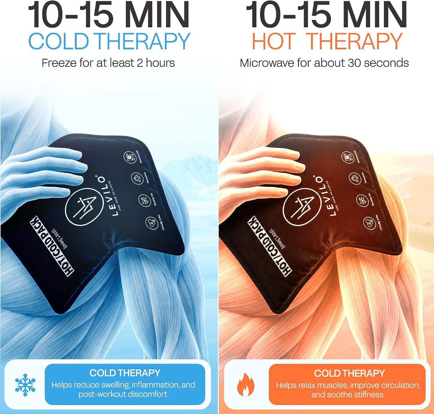 LEVILO Large Ice Packs for Injuries Reusable with Straps - 2 Pack (Large & Small) Soft Ice Packs | Cold Packs for Back, Shoulder, Knee, Relief | After Surgery | Flexible When Frozen
