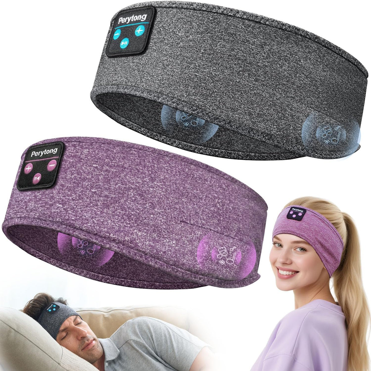 Perytong 2 Pack Sleep Headphones, Sleeping Headphones | Bluetooth Headband with Ultra-Thin HD Stereo Speaker, Wireless Headphone for Sports, Insomnia, Yoga, Air Travel, Meditation