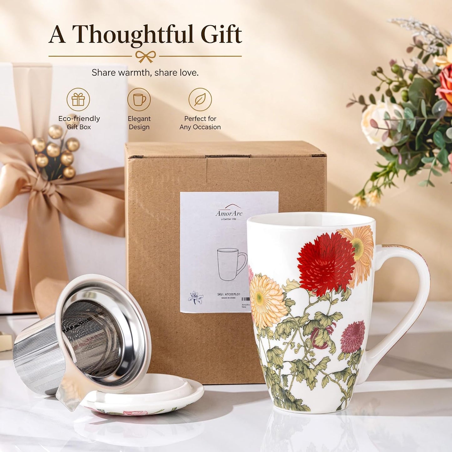 AmorArc Tea Cup With Infuser and Lid, 18oz Loose Leaf Tea Mug With Steeper | Porcelain Tea Mug With Infuser and Lid, Strainer Tea Cup for Tea Lovers, Home & Office, Housewarming Birthday Gift