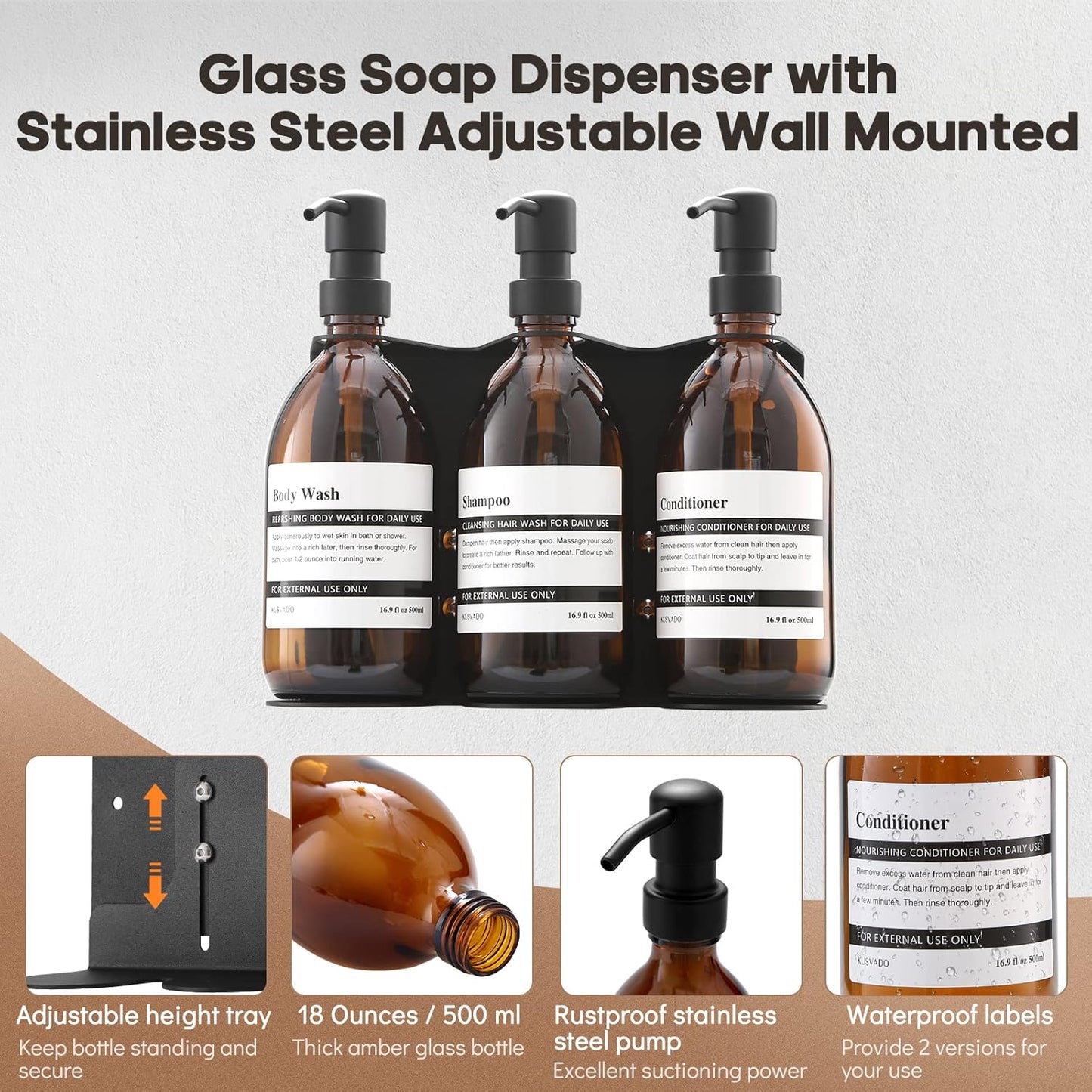 Glass No-Drill Wall Mounted Shower Soap/Hand Soap Dispenser with Adjustable Stainless Steel Holder for Bathroom and Kitchen-(Black 3 Chamber)