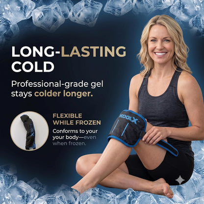 2 Pack KoolX Premium Gel Ice Packs for Injuries Reusable, Flexible Cold Wraps with Straps, Soft Plush & Nylon Sides, Extension Strap, Ice Pack for Knee, Back, Shoulder, Elbow & Calf - Medium + Large
